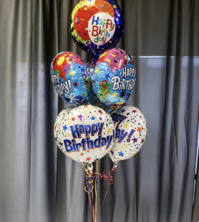 Classic Happy Birthday Helium Balloon bouquet for delivery in Raleigh NC and surrounding Triangle by Party Balloons by Q.