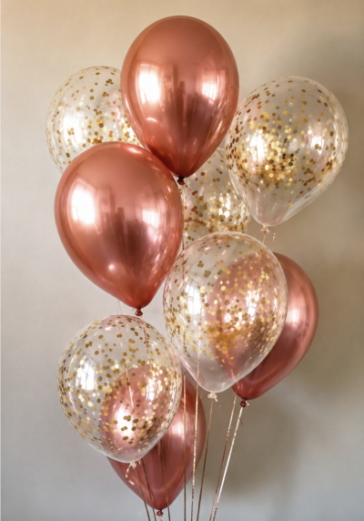 rose gold and confetti balloon bouquet delivery Raleigh NC