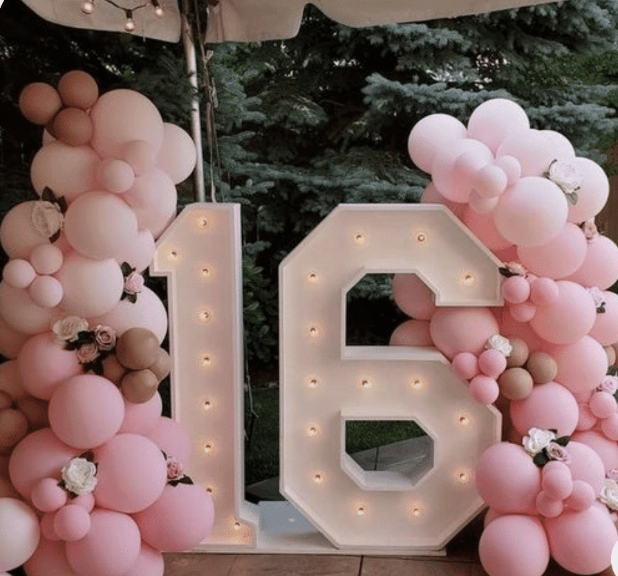 Light–Up Marquee Numbers Styled with Custom Balloon Garland