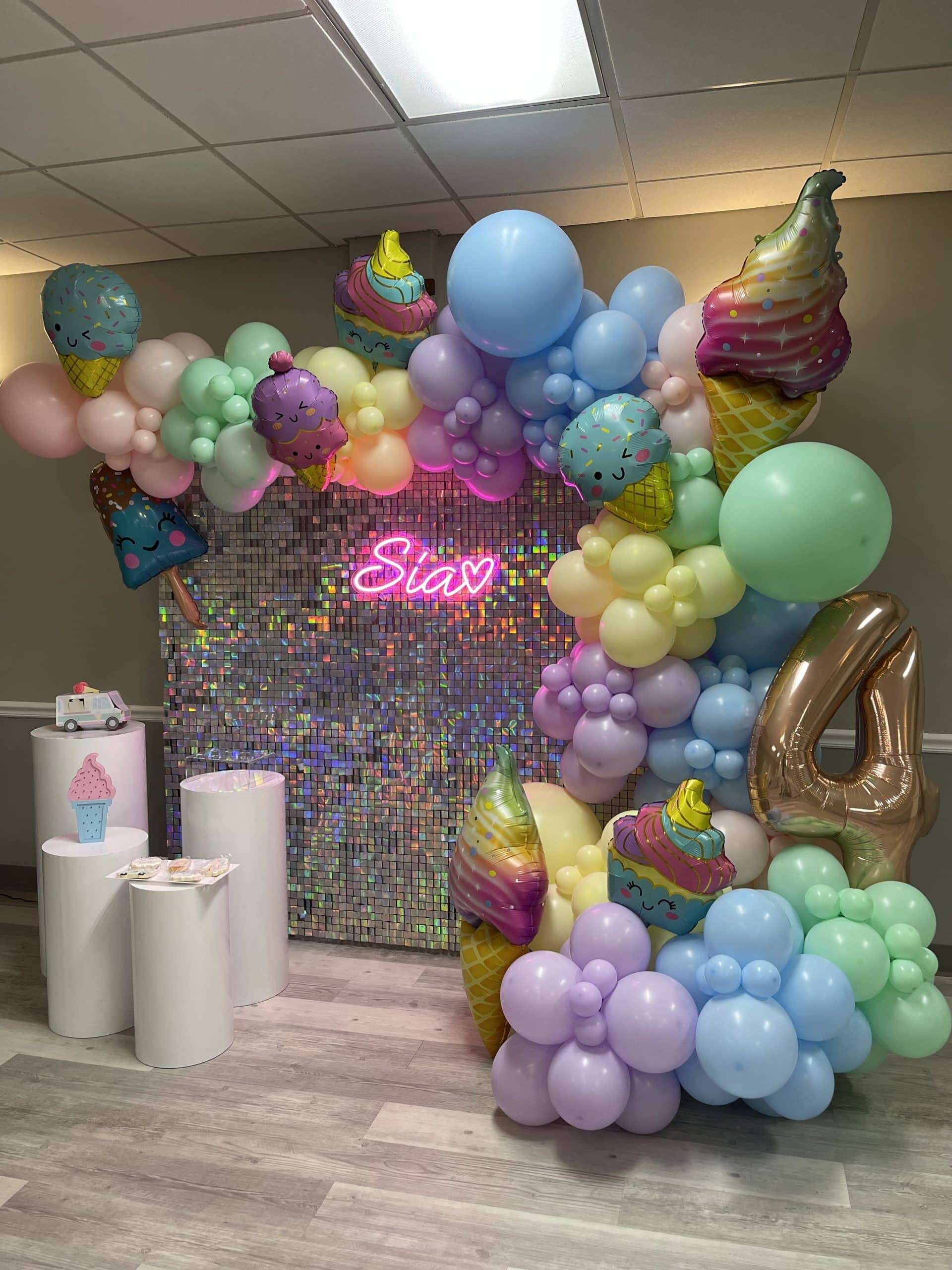 Ice Cream Themed Shimmer wall with Dessert Stands