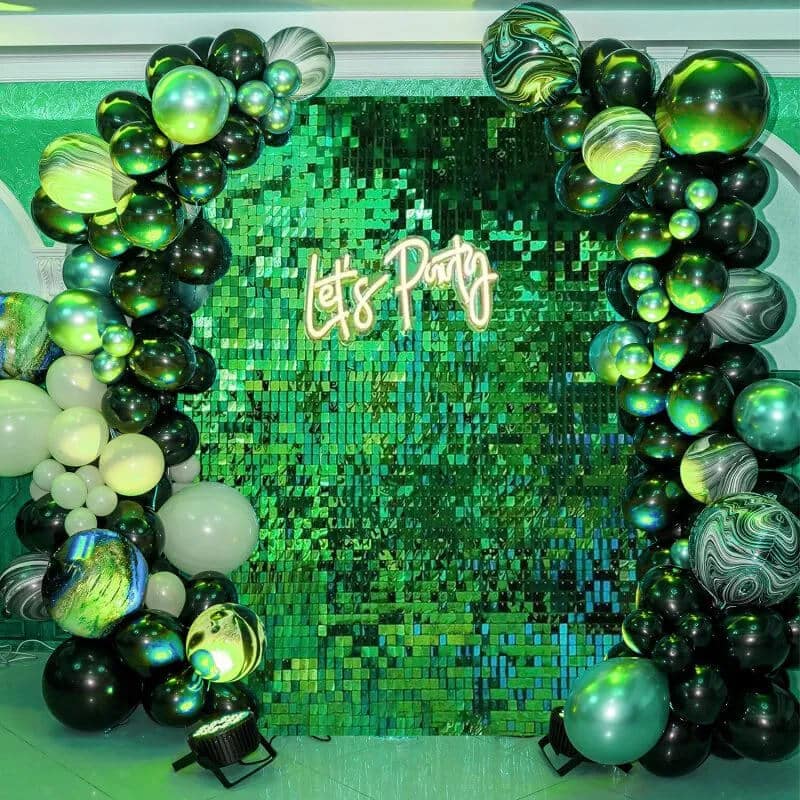 Stunning Green Shimmer Wall with Balloon Garland for Eye-Catching Event Decor