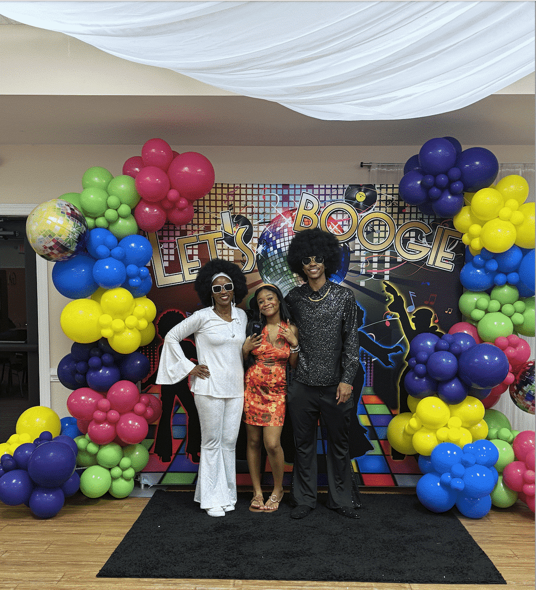 Alternative view of Lets Boogie Backdrop with Balloon Graland