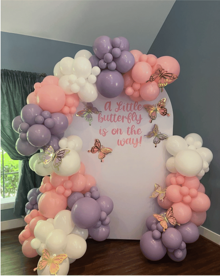 Butterfly Themed Chiara wall backdrop with balloon garland