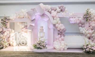 Bow Themed Chiara Wall with 3D Backdrops & Balloon Garland