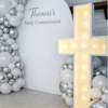 Holy communion balloon backdrop setup in Raleigh nc with a 4 foot marquee light up cross for rental in Raleigh Nc