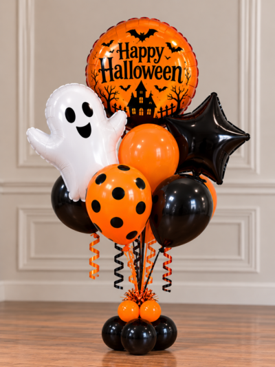 Mini Halloween balloon bouquet with ghost, black star, and orange polka-dot balloons