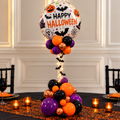 Halloween balloon table centerpiece with purple, orange, black balloons and clear stem with bats